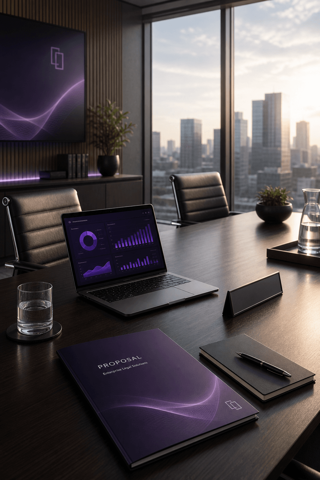 Enterprise sales meeting room with proposal materials and laptop
